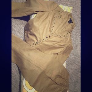 Designer tan pantsuit with gold studs